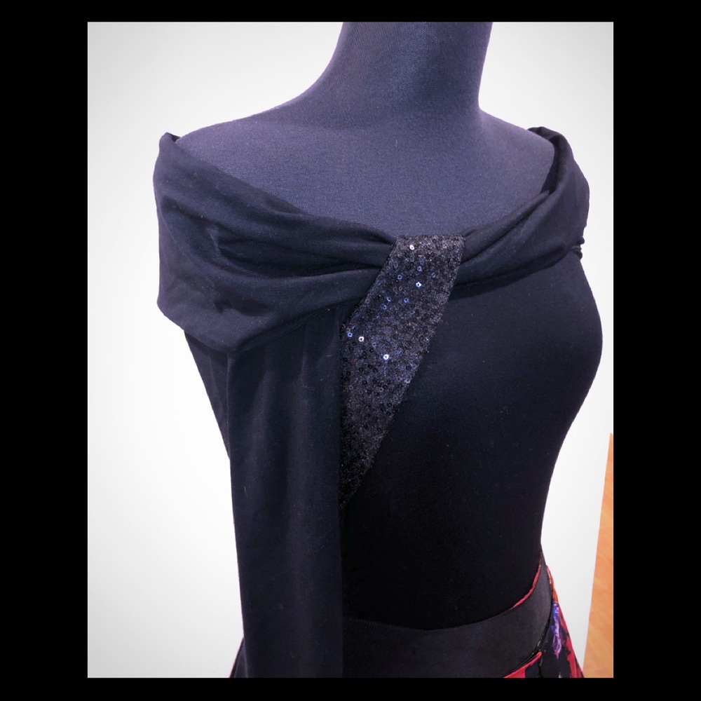 Sequined Black Off Shoulder Long Sleeve Blouse